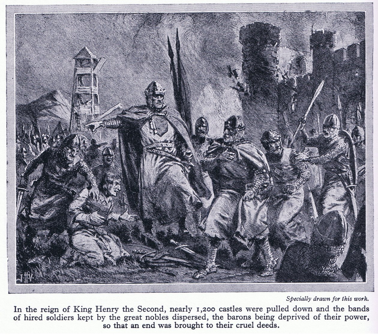 In het bewind van koning Hendrik II werden bijna 1200 kastelen afgebroken, waardoor de baronnen hun macht verloren, c.1950 door John Harris Valda