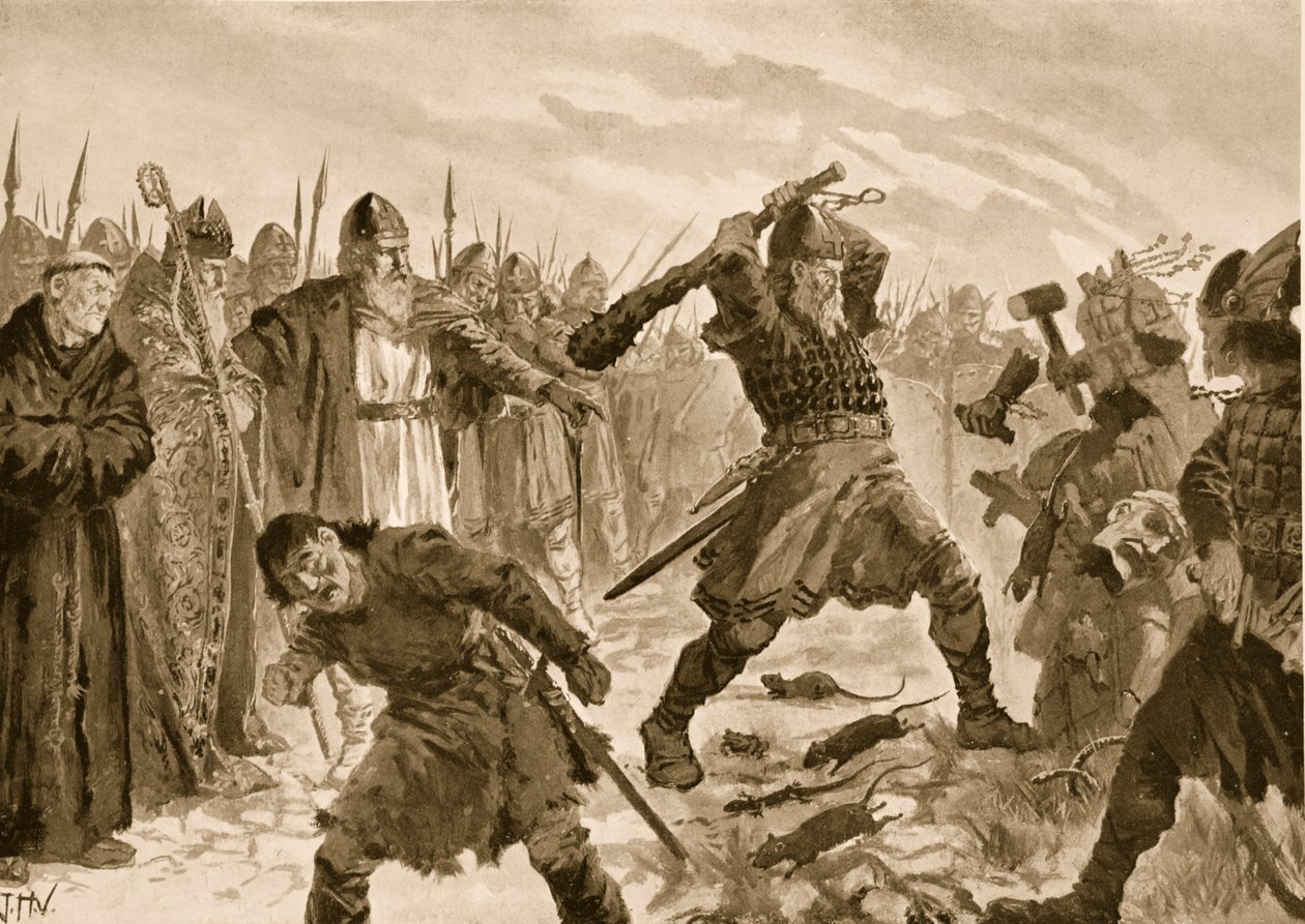 Koning Olaf de Heilige Breekt het Beeld van de God Thor, 1020 door John Harris Valda