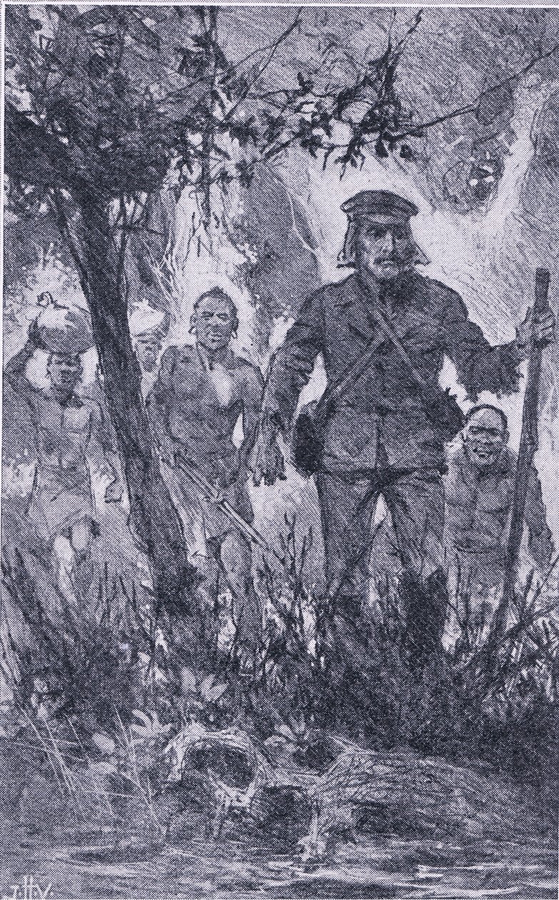 Livingstone schoot op de leeuw, maar de leeuw viel hem aan, beet in zijn schouder en brak zijn linkerarm, Newnes Pictorial Knowledge uitgegeven door Newnes, c.1950