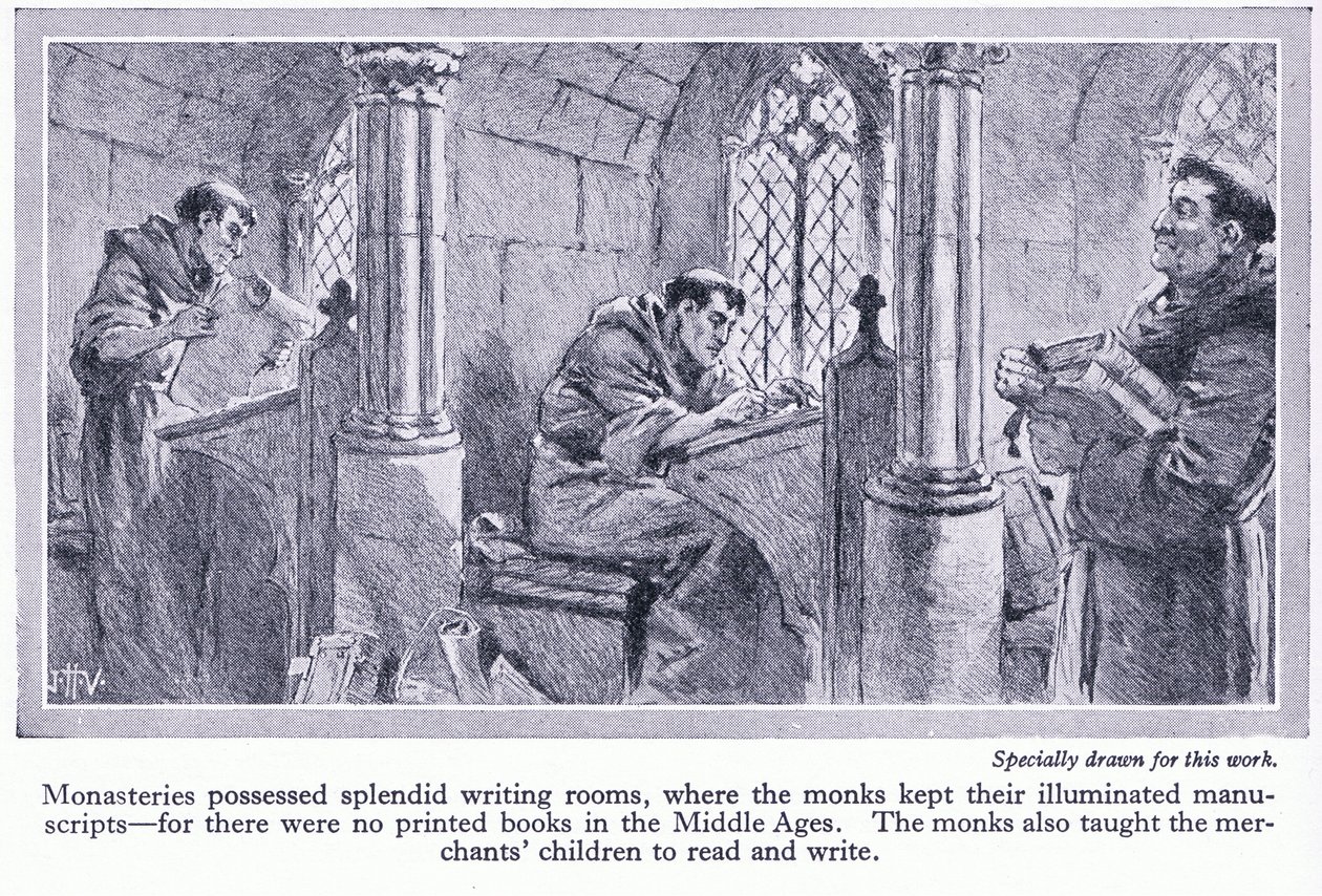 Kloosters hadden prachtige schrijfkamers, waar monniken verluchte manuscripten bewaarden, c.1950 door John Harris Valda