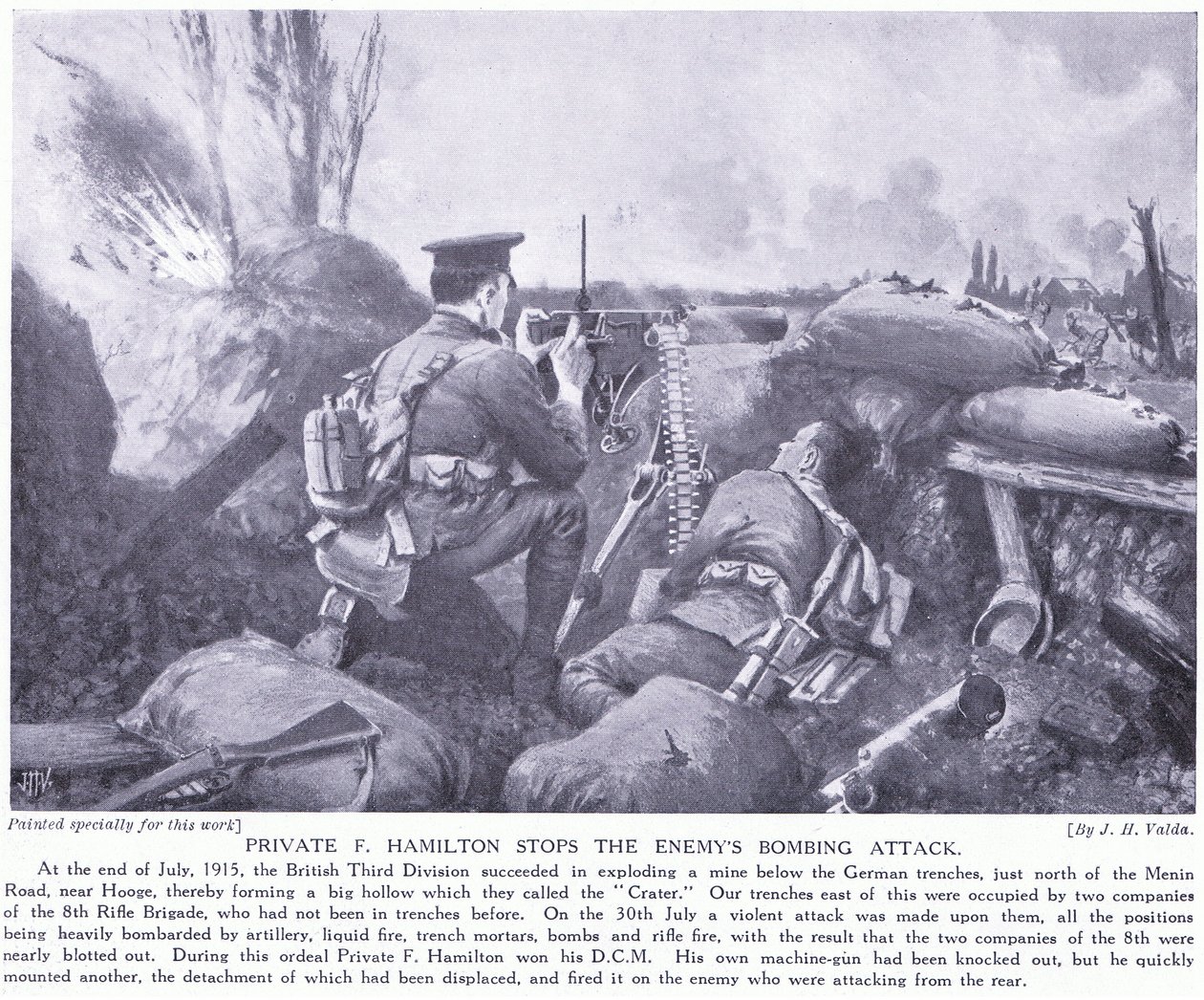 Soldaat F Hamilton bekroond met de DCM door het stoppen van de vijandelijke bomaanval juli 1915 in Hooge door John Harris Valda