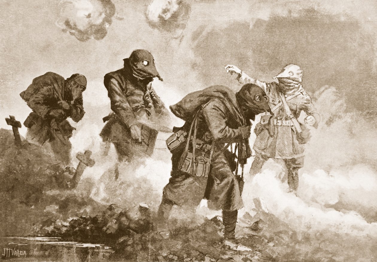Tweede Luitenant (Tijdelijk Kapitein) E.M. Allfrey die de levering van munitie, rantsoenen en water aan troepen in actie tijdens een gasaanval regelt door John Harris Valda