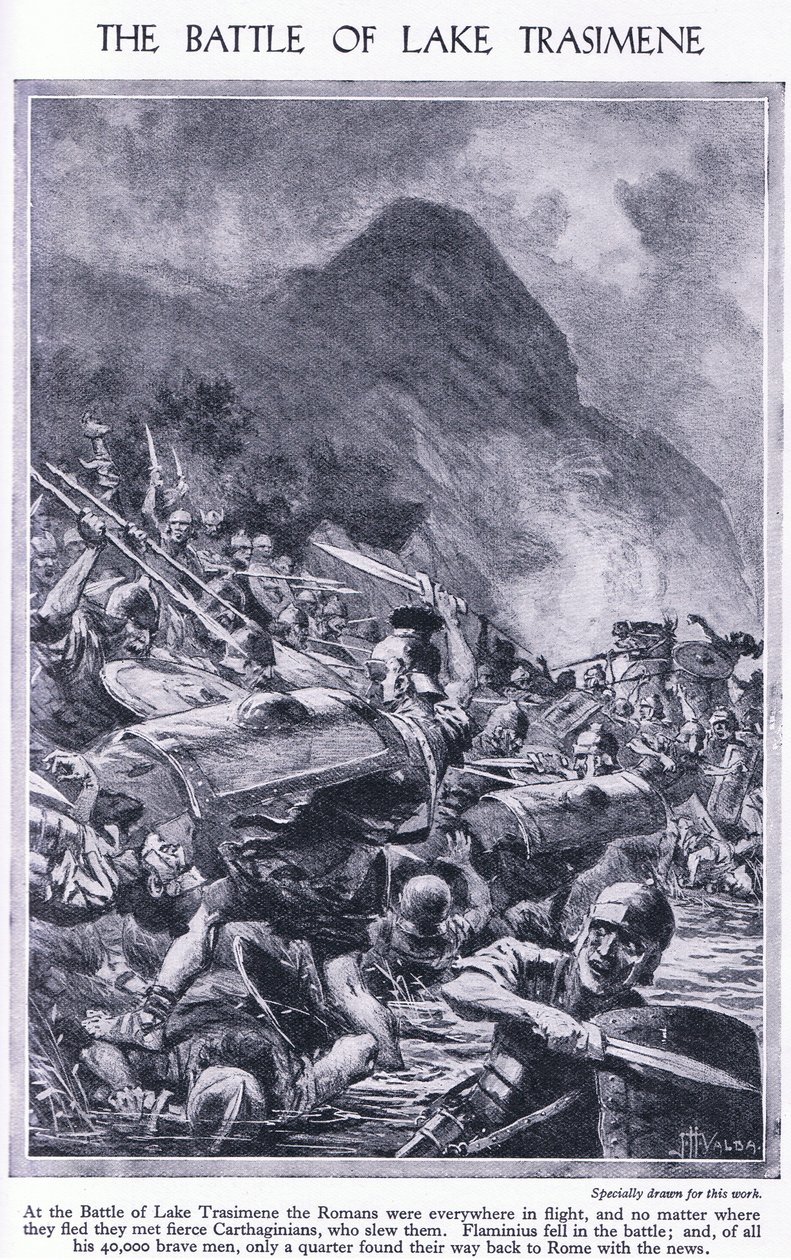 De Slag bij het Meer van Trasimene 217 v.Chr. Overal vluchtten de Romeinen voor de Carthagers, c.1950 door John Harris Valda