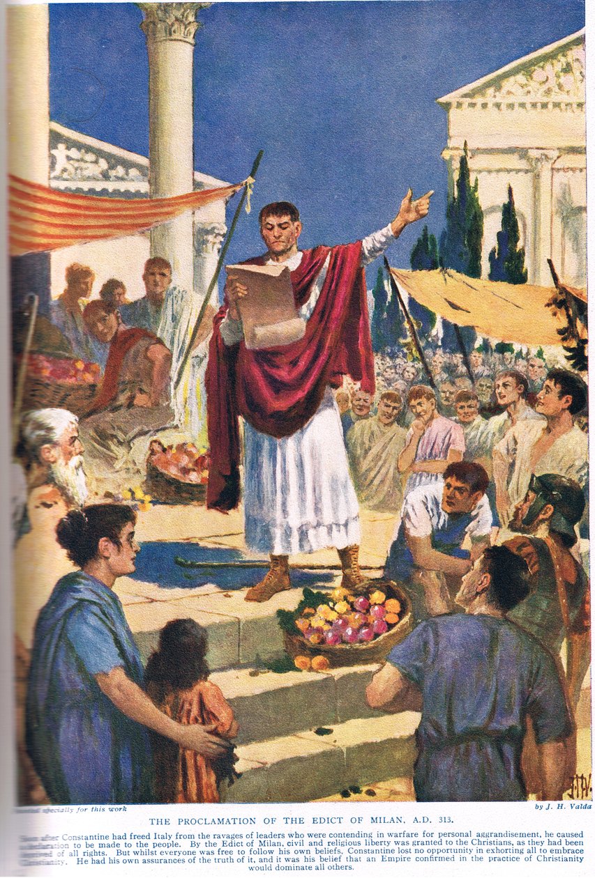 De afkondiging van het Edict van Milaan, AD 313, illustratie uit 