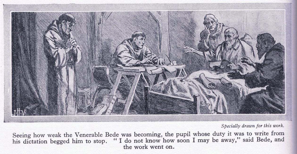 De laatste dagen van de eerbiedwaardige Bede die het evangelie van Johannes in het Engels vertaalt, 735 AD, ca.1950 door John Harris Valda