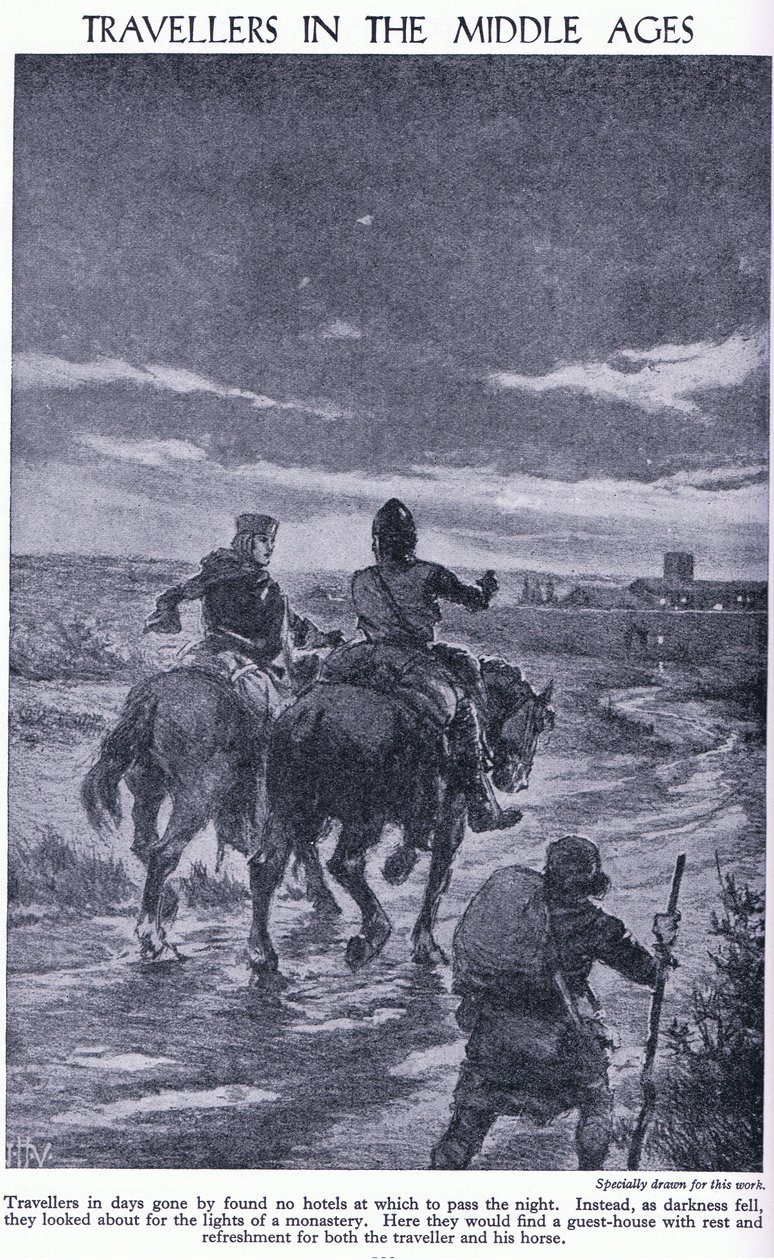 Reizigers in de middeleeuwen. Wanneer de duisternis viel, zochten reizigers naar de lichten van een klooster, c.1950 door John Harris Valda