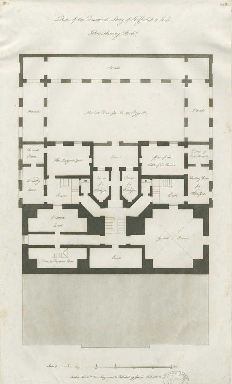 Stafford - Plattegrond van de Kelderverdieping van Shire Hall: gravure door John Harvey
