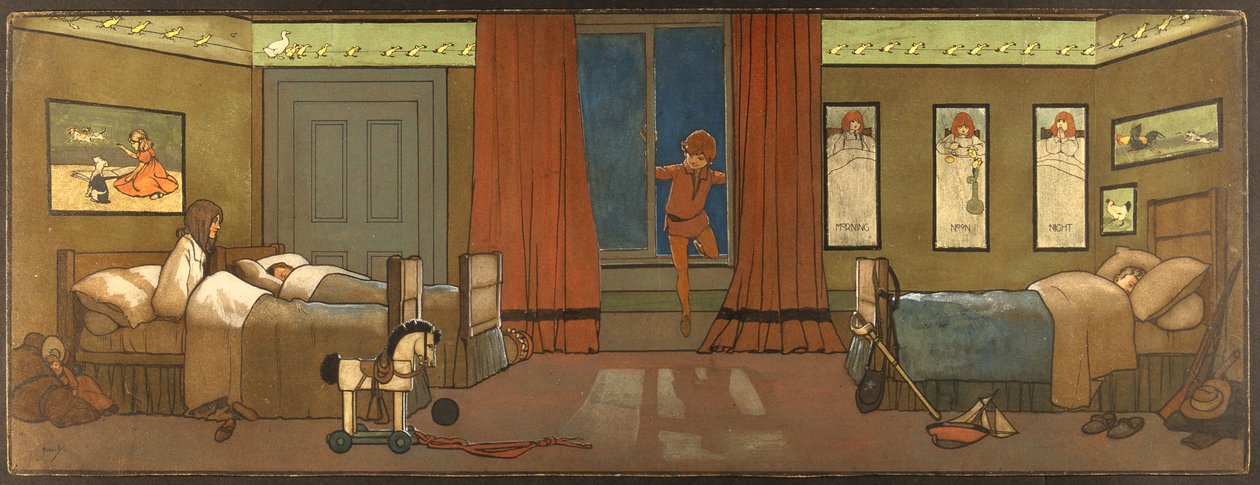 De Kinderkamer van de Familie Darling: Peter Komt Binnen op Zoek naar zijn Schaduw en Wendy Wordt Wakker, Illustratie uit 