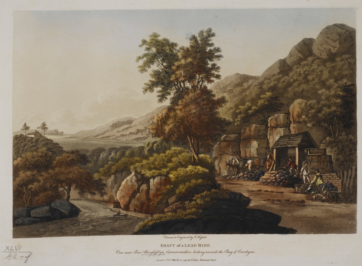 Schacht van een loodmijn. Uitzicht nabij Pont Aberglaslyn, Caernarvonshire, kijkend naar de Baai van Cardigan, gepubliceerd in 1798 door John Hassell