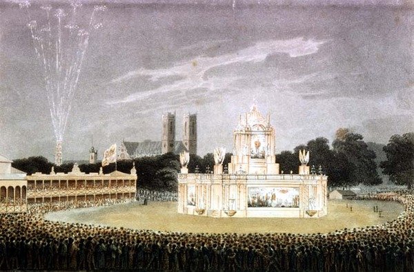 Vuurwerkshow gehouden in Green Park ter viering van de nederlaag van Napoleon, gegraveerd door Matthew Dubourg, uitgegeven 1814 door John Heaviside (after) Clark