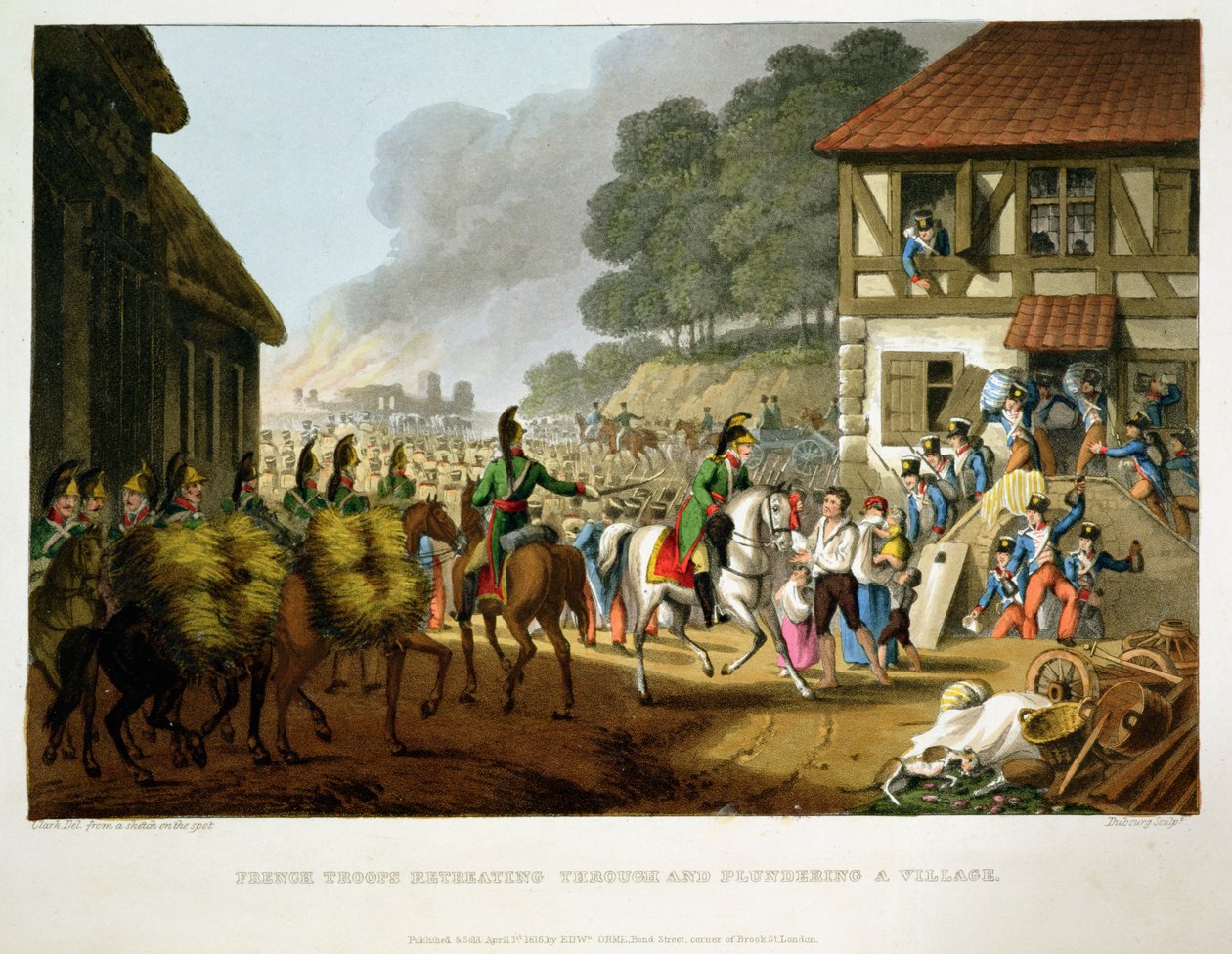 Franse troepen die zich terugtrekken en een dorp plunderen, gegraveerd door Matthew Dubourg uit 