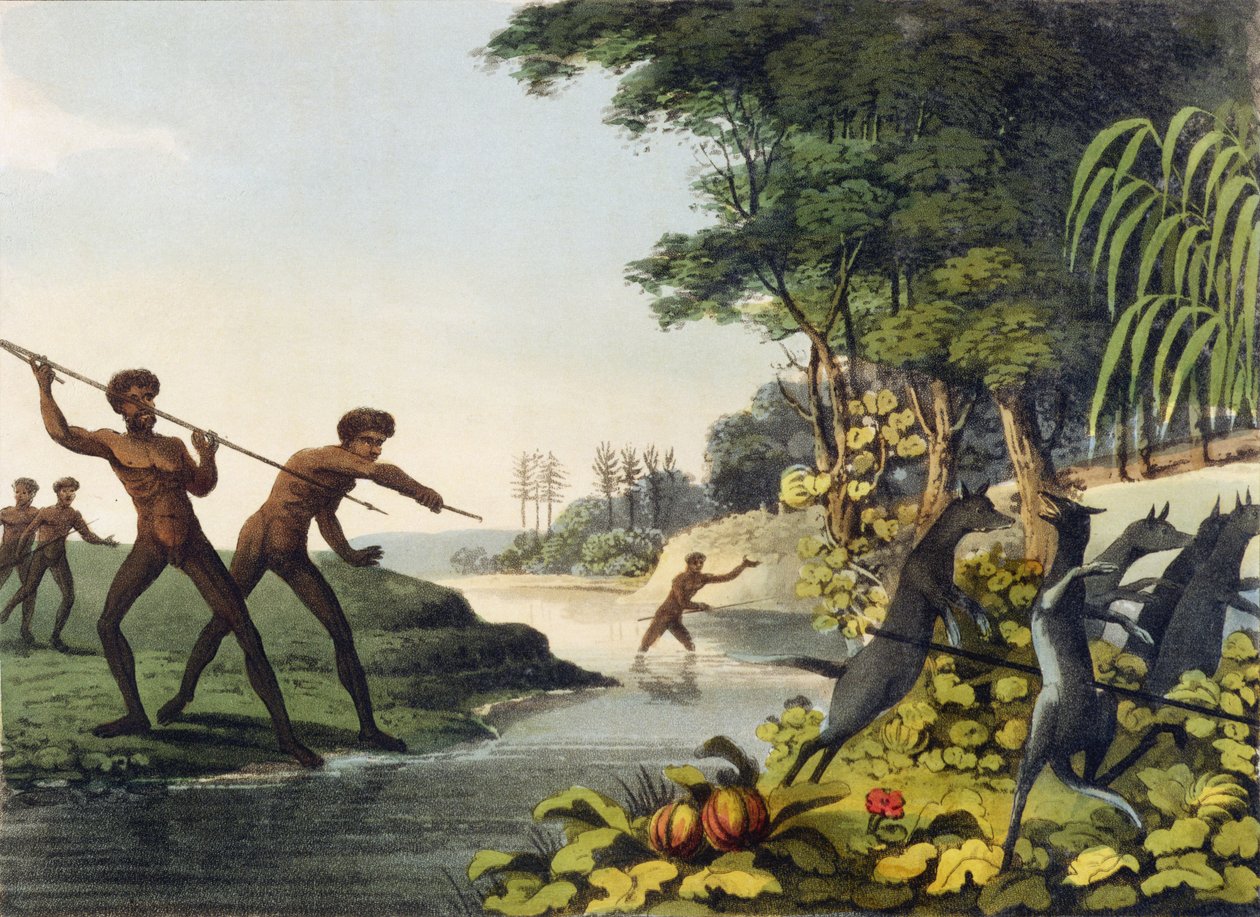 Kangoeroejacht, aboriginals in New South Wales gegraveerd door Matthew Dubourg, 1813 door John Heaviside Clark