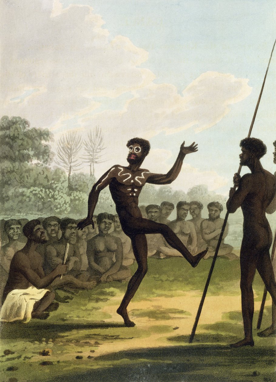 De dans, aboriginals uit New South Wales gegraveerd door Matthew Dubourg, uitgegeven 1813 door John Heaviside Clark