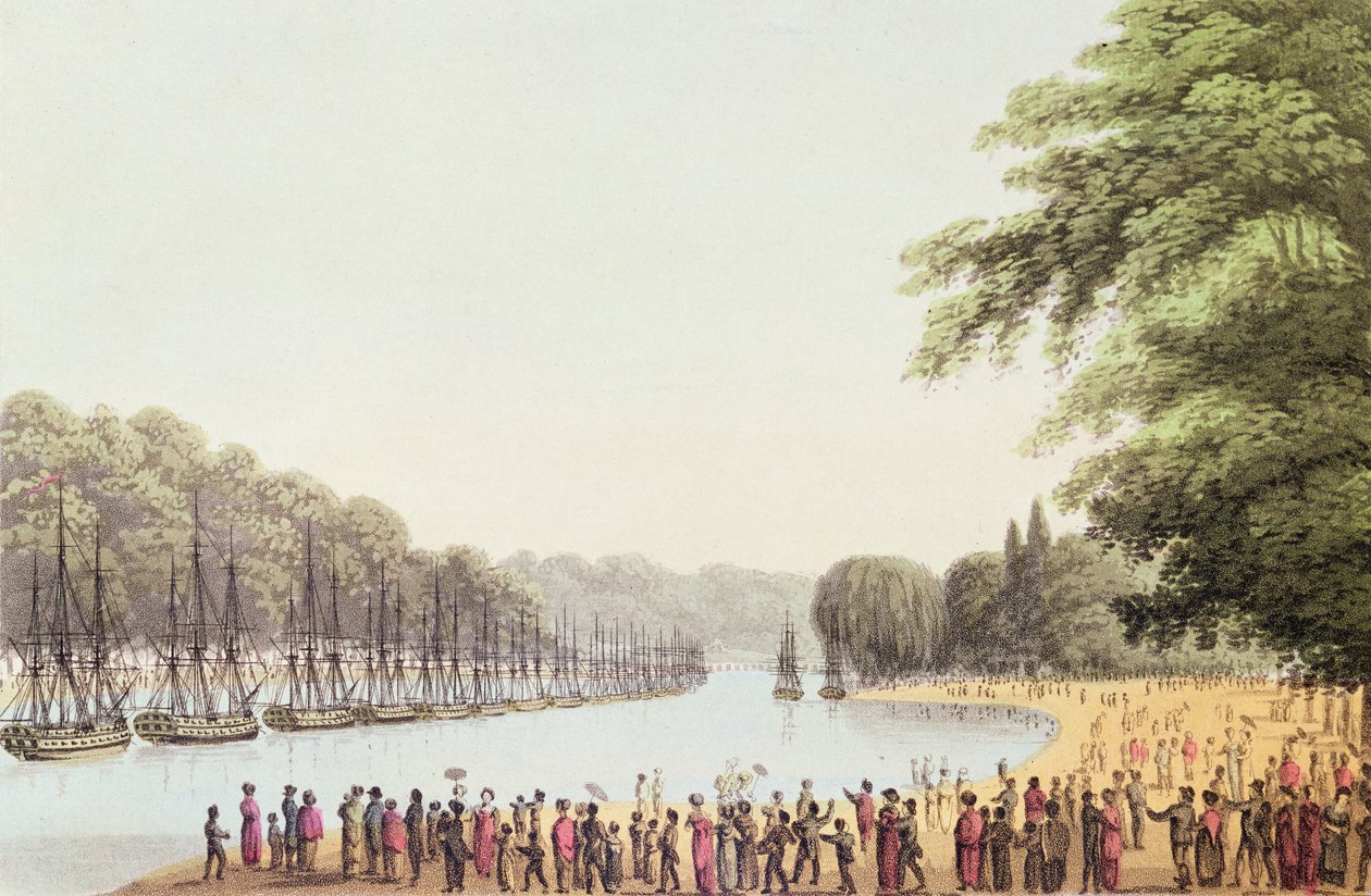 De vloot op de Serpentine River, gegraveerd door Matthew Dubourg (fl.1813-20) 1814 door John Heaviside Clark