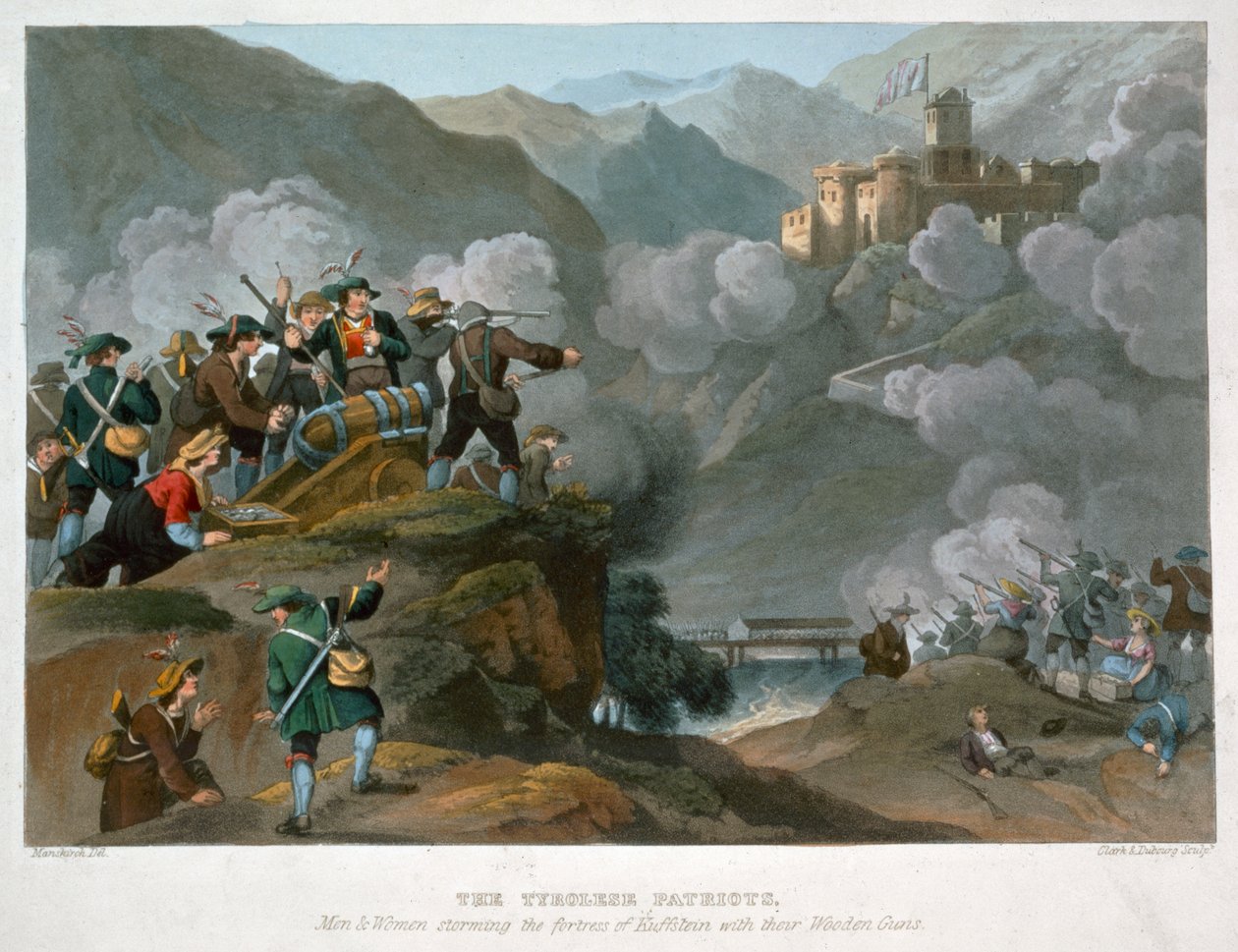 De Tiroolse Patriotten bestormen het fort van Kuffstein met hun houten kanonnen, 1816 door John Heaviside Clark