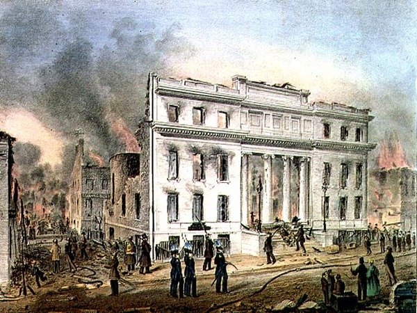 Ruïnes van de Merchants Exchange New York, gegraveerd door Nathaniel Currier, uitgegeven door J. Disturnell en de kunstenaar door John Henry (after) Bufford