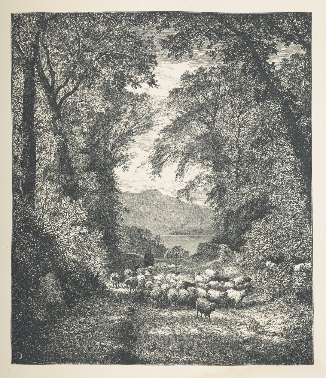 Plaat 4. Schapen die door een herder langs een pad worden gedreven. Nature Pictures. Een serie van dertig originele illustraties getekend op hout door J. H. Dell, en gegraveerd door R. Paterson door John Henry Dell
