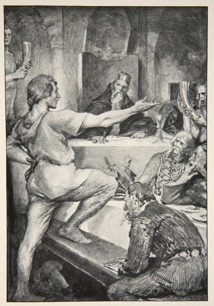 Beowulf antwoordt hooghartig aan Hunferth, uit 