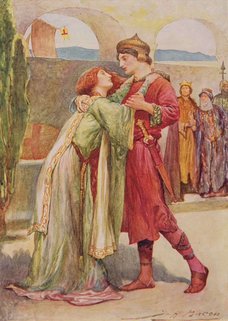 Posthumus en Imogen in Cymbeline uit Kinderverhalen van Shakespeare door Edith Nesbit (1858-1924) uitgegeven door Raphael Tuck & Sons Ltd., Londen door John Henry Frederick Bacon