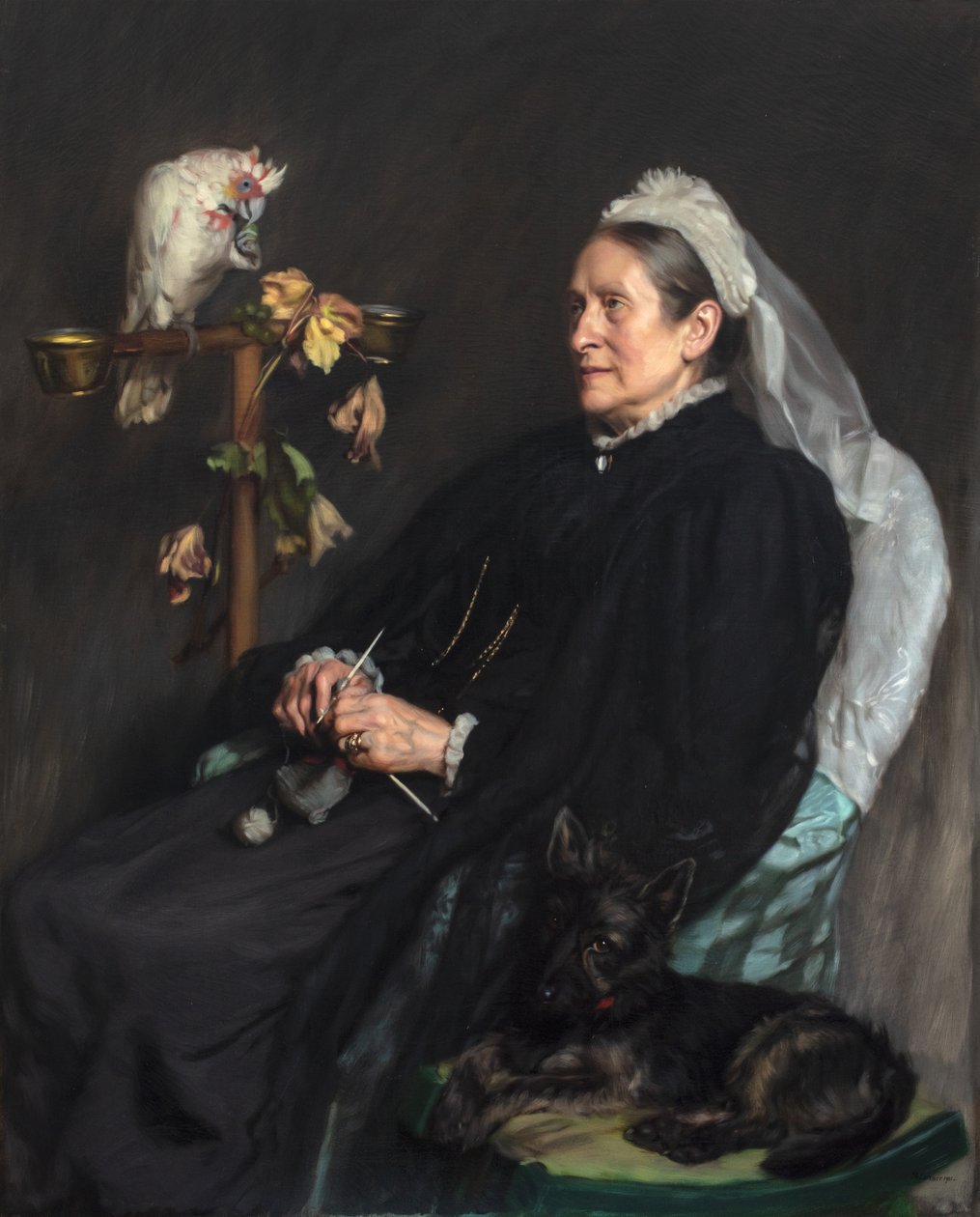 Oude Dame en Haar Huisdieren, Geportretteerd door Mevrouw William Sommerville door John Henry Lorimer