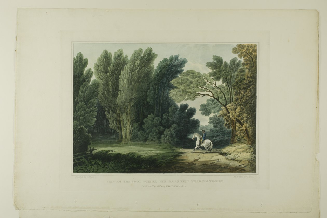 Gezicht op de plek waar generaal Ross viel, nabij Baltimore, plaat zes van het eerste nummer van Picturesque Views of American Scenery door John Hill