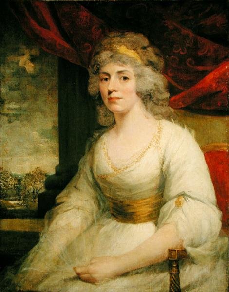 Portret van mevrouw Billington zittend, driekwart lengte in een witte jurk door John Hoppner