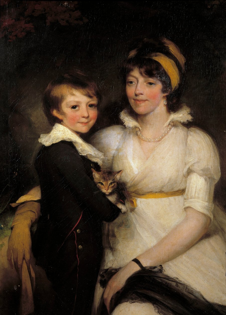 Jonge vrouw en kleine jongen met een kat Schilderij door John Hoppner (1758-1810) door John Hoppner