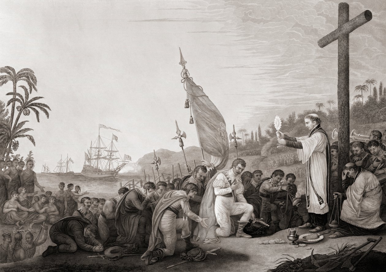 Columbus landt in de Nieuwe Wereld door John James (after) Barralet