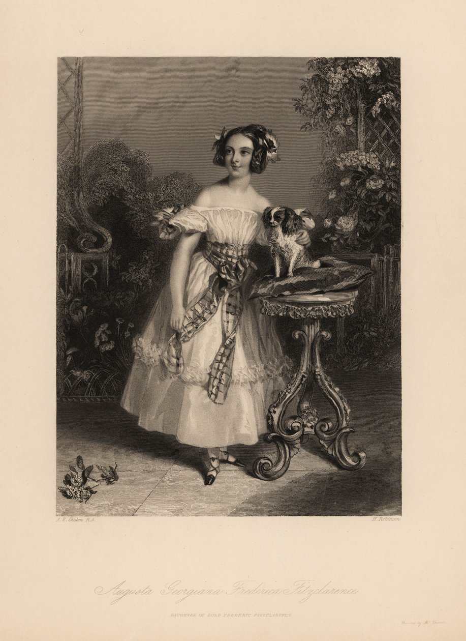 Augusta Georgina Frederica Fitzclarence, dochter van Lord Frederic Fitzclarence, onwettige zoon van Koning Willem IV. Ze draagt haar haar in krullen en linten, en draagt een off-the-shoulder jurk met een sjerp, houdt een King Charles spaniel op een kussen door John James (after) Chalon