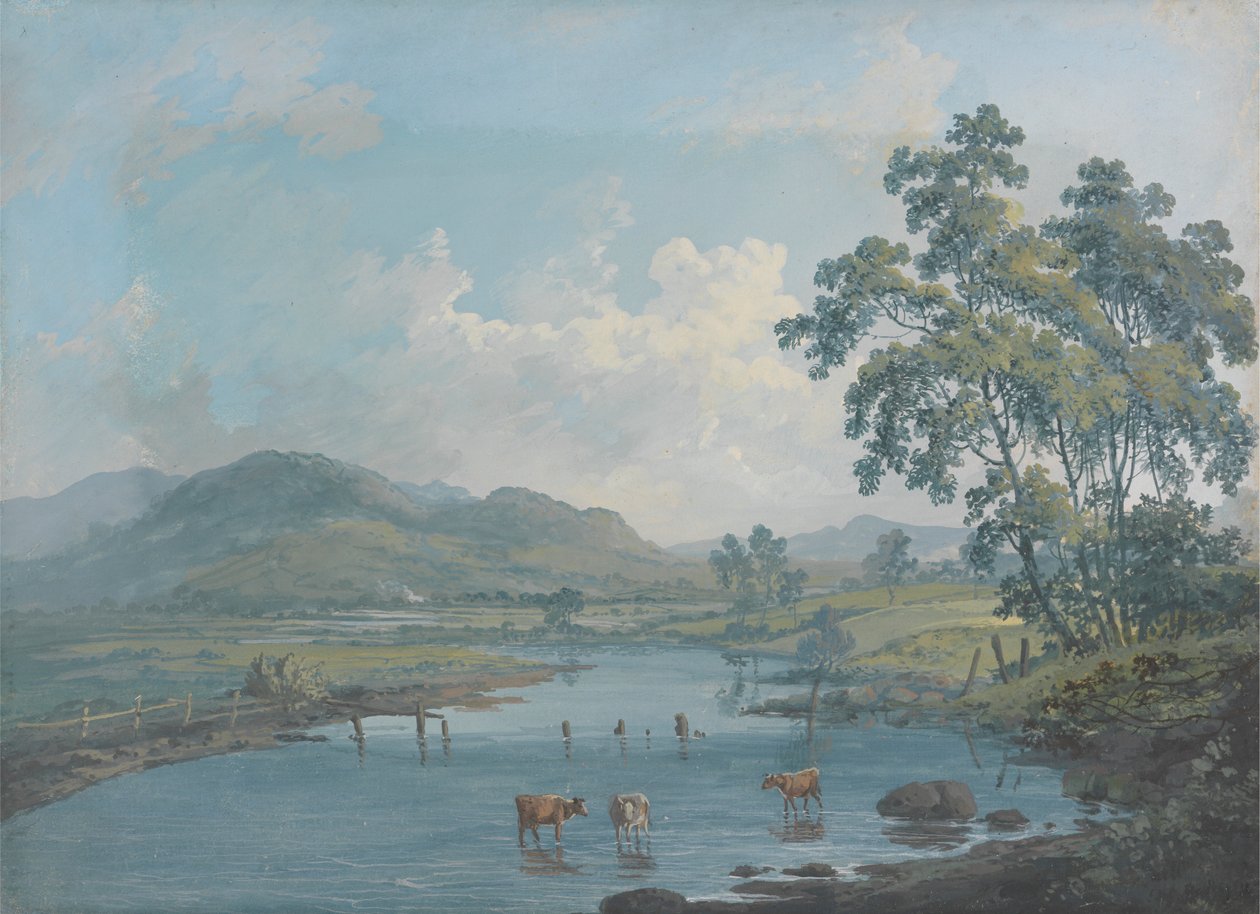 Rivierlandschap met vee dat drinkt door John Laporte