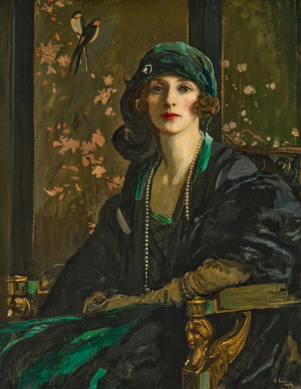 Een dame in zwart en groen: mevrouw Freda Dudley Ward door John Lavery
