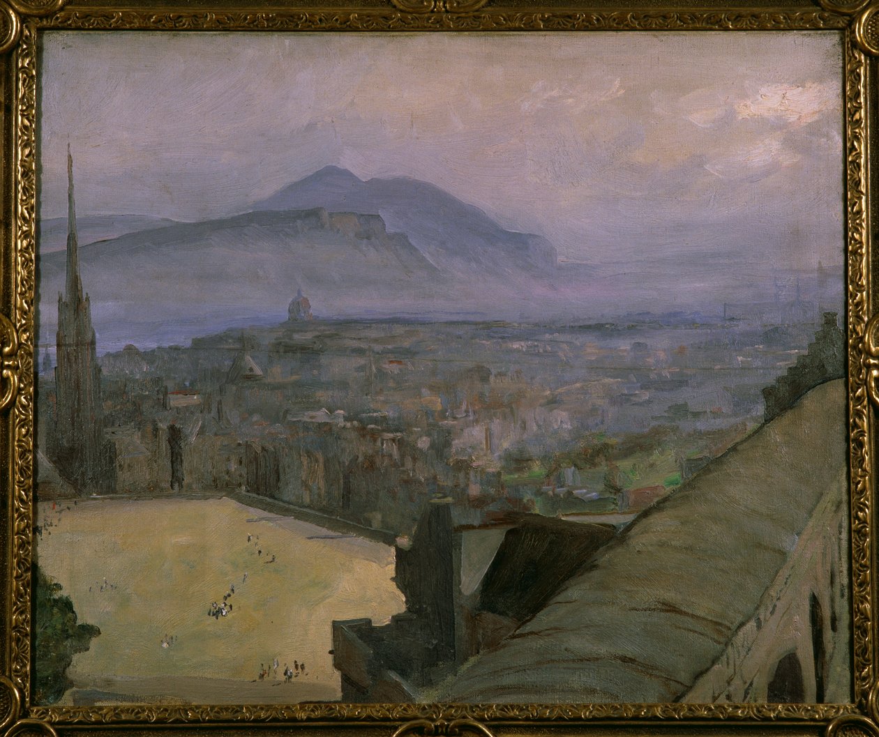 Een Uitzicht op Edinburgh vanaf het Kasteel, kijkend over de Esplanade naar Arthur