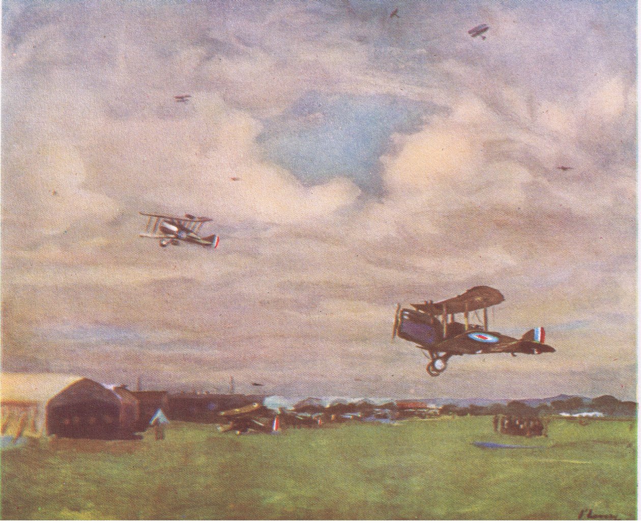 Een vliegveld in, 1918, uit British Adventure gepubliceerd door Collins, 1947 door John Lavery