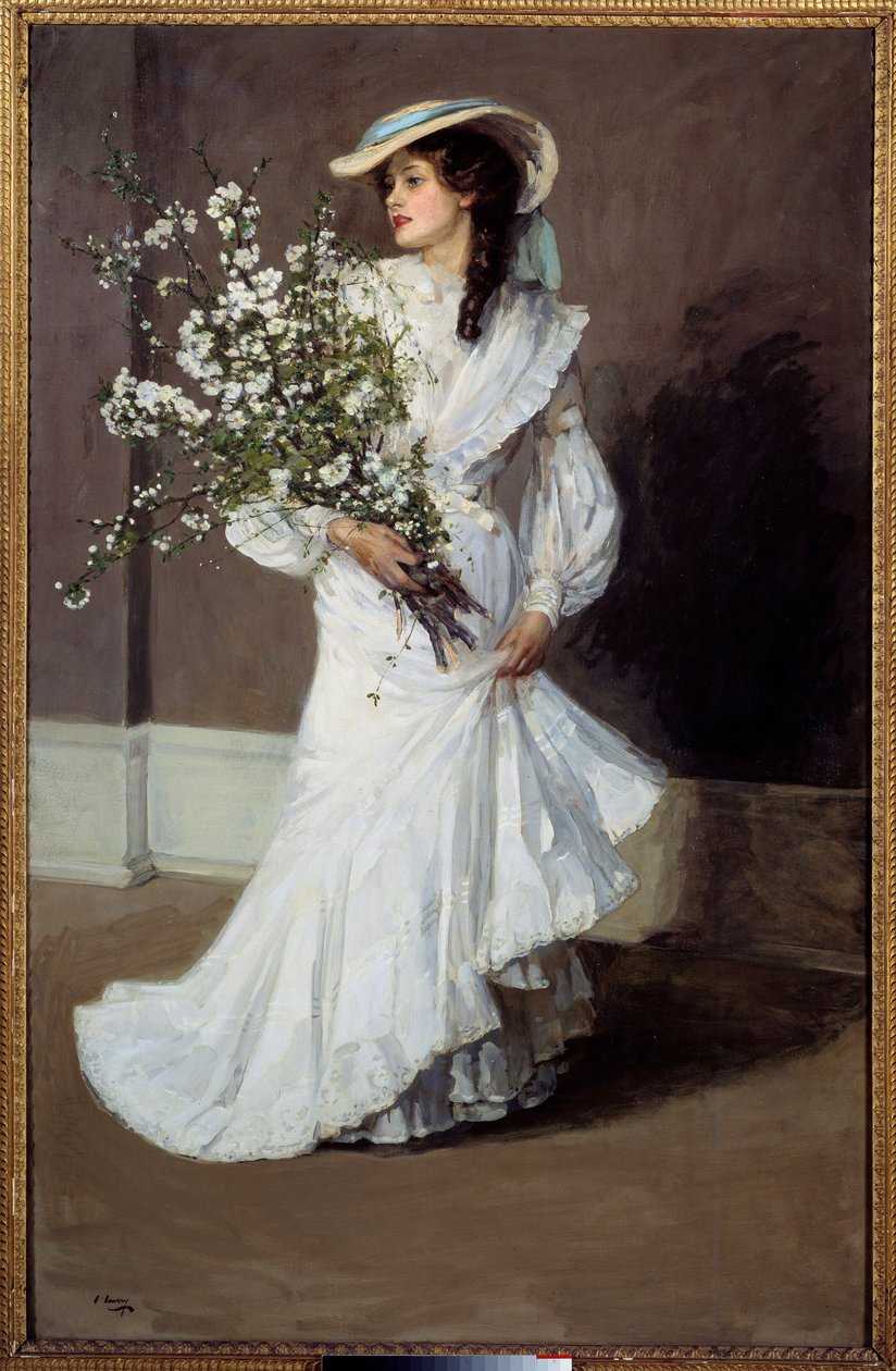 Lente. Allegorie van de lente: portret van een vrouw gekleed in wit met een boeket bloemen. Schilderij door Sir John Lavery (1856-1941) door John Lavery