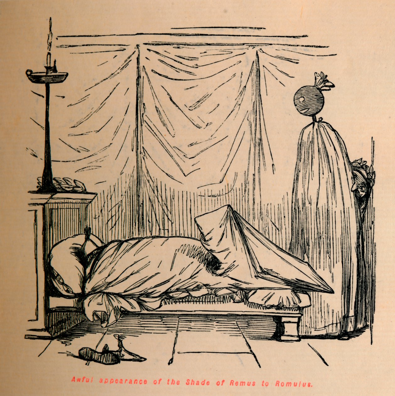 Verschrikkelijke verschijning van de Schaduw van Remus aan Romulus, 1852 door John Leech