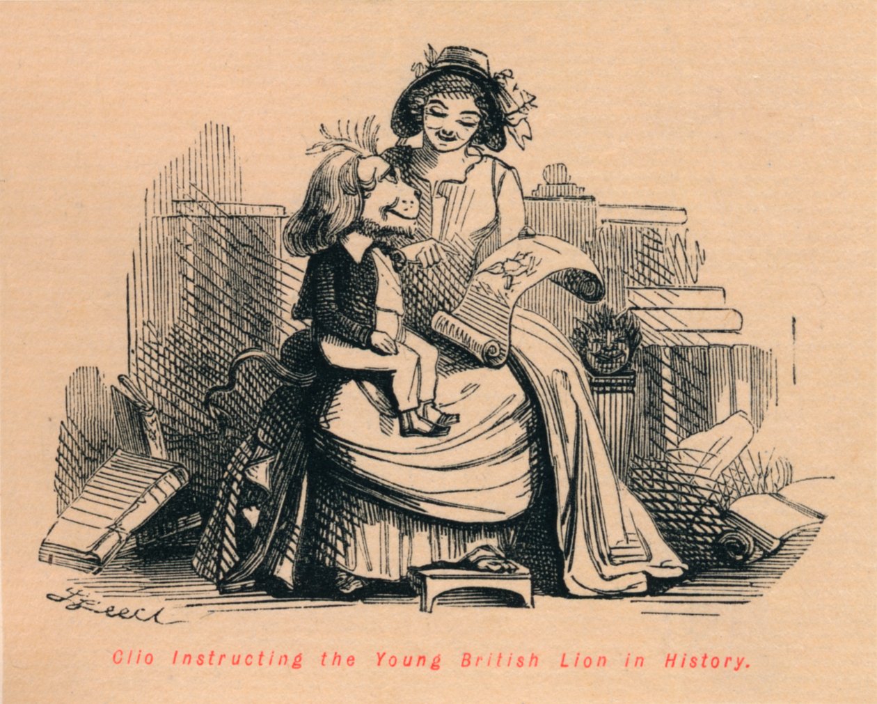 Clio onderwijst de jonge Britse leeuw in geschiedenis, ca. 1860 door John Leech