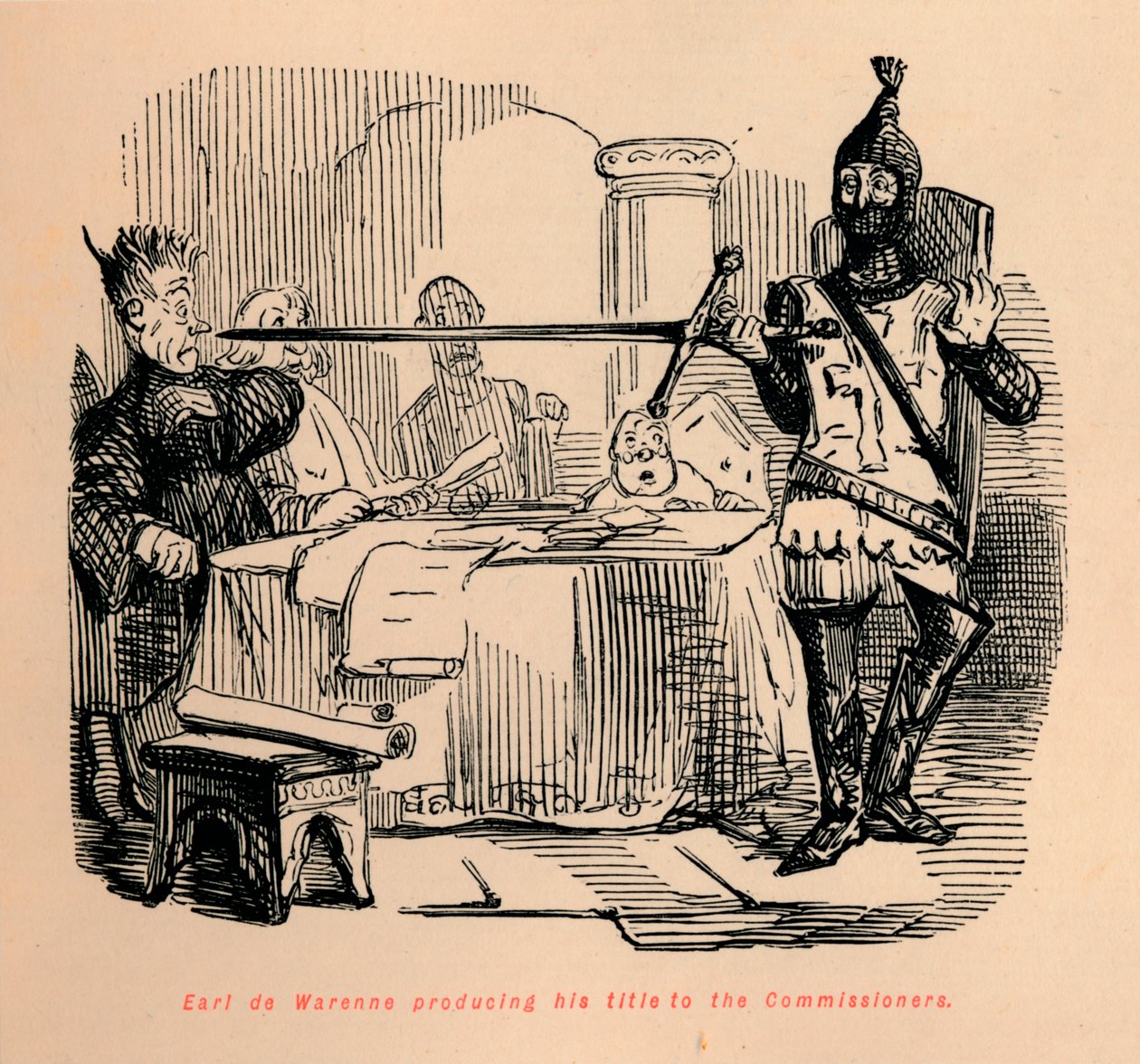 Graaf de Warenne toont zijn titel aan de Commissarissen, ca. 1860, ca. 1860 door John Leech