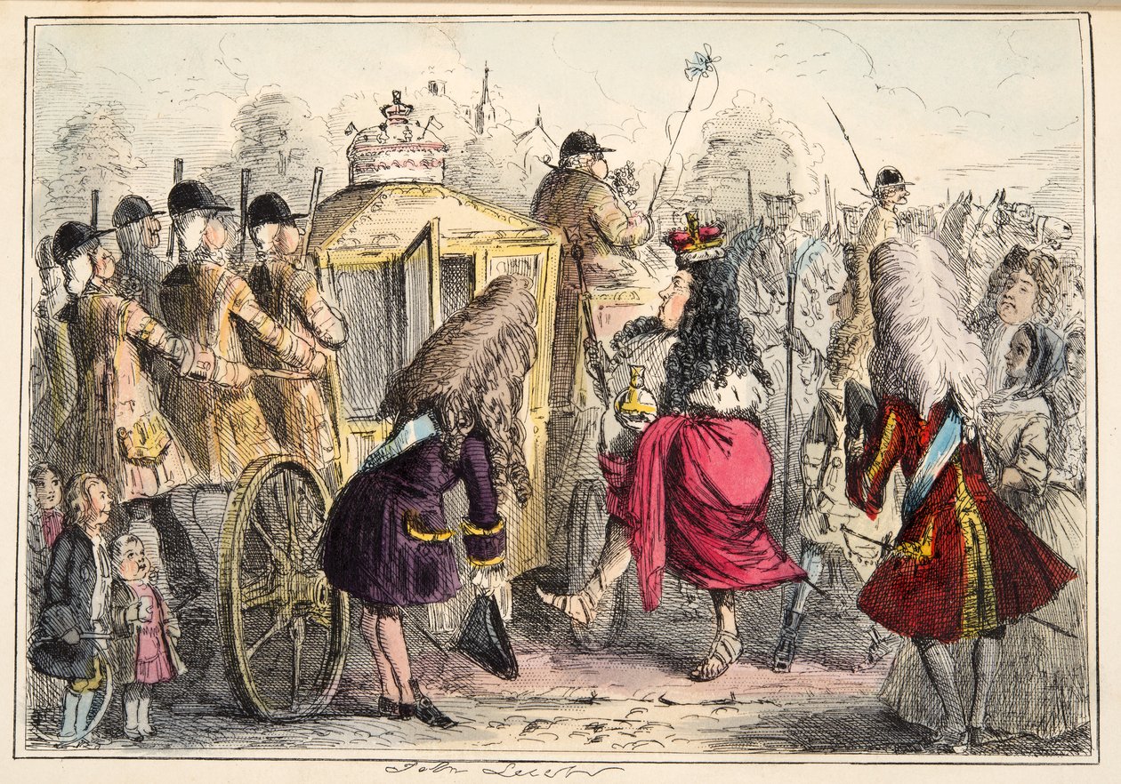Georgey Porgey de Eerste gaat uit rijden in zijn staatskoets, uit The Comic History of England, uitgegeven 1864 (handgekleurde ets) door John Leech