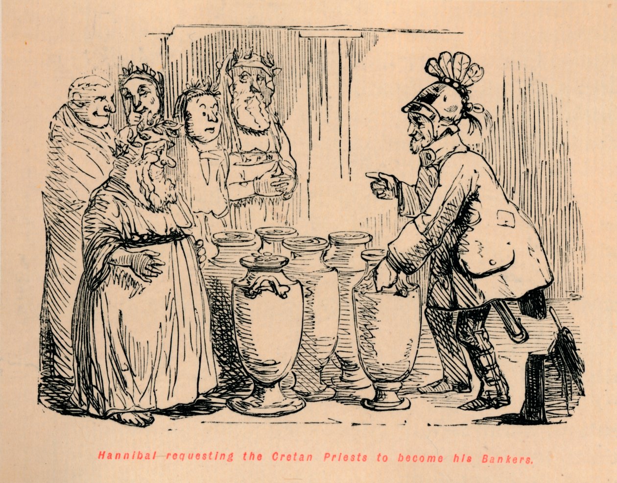 Hannibal vraagt de Kretenzische priesters om zijn bankiers te worden, 1852 door John Leech