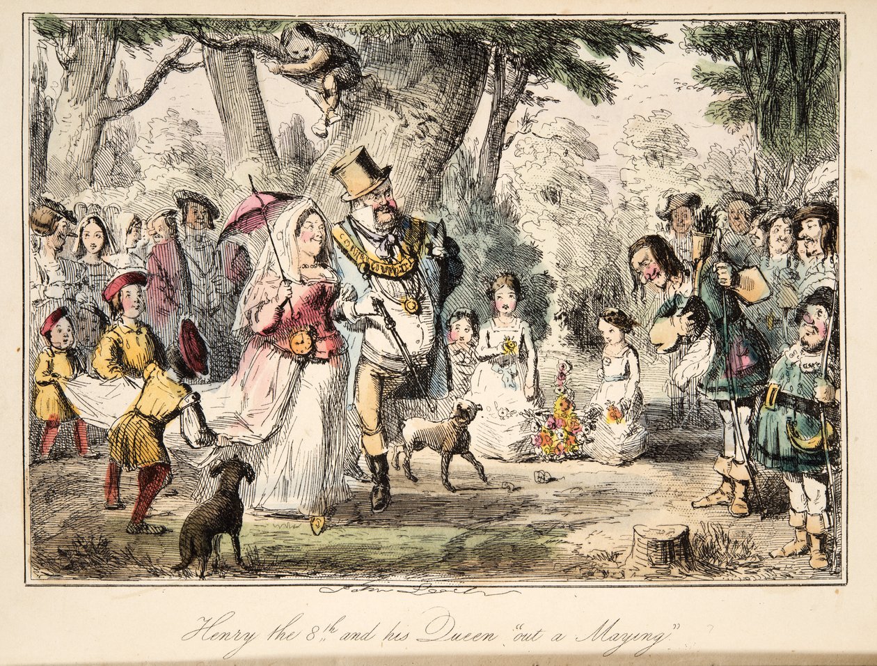 Hendrik VIII en zijn koningin op een meifeest, uit The Comic History of England, uitgegeven 1864 (handgekleurde ets) door John Leech