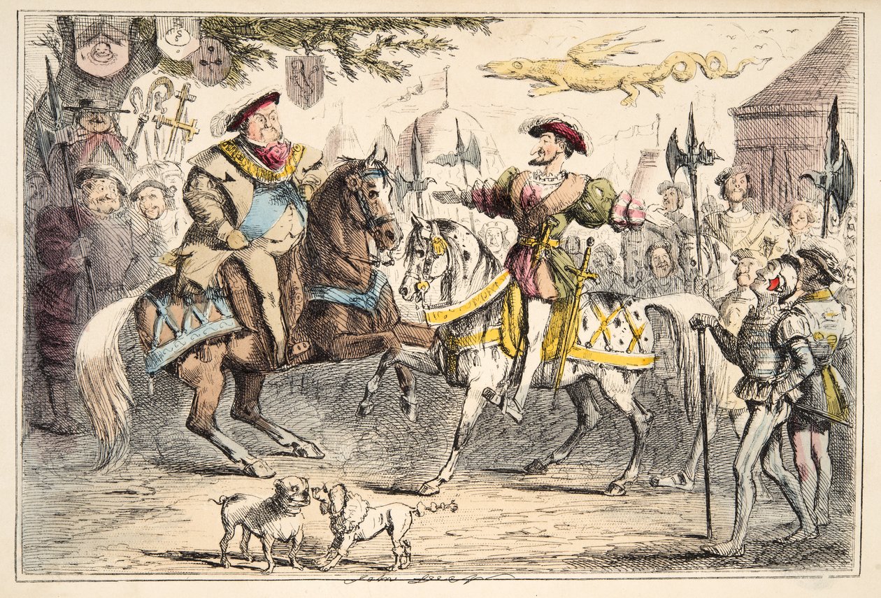Hendrik VIII ontmoet Frans I, uit The Comic History of England, uitgegeven 1864 (handgekleurde ets) door John Leech