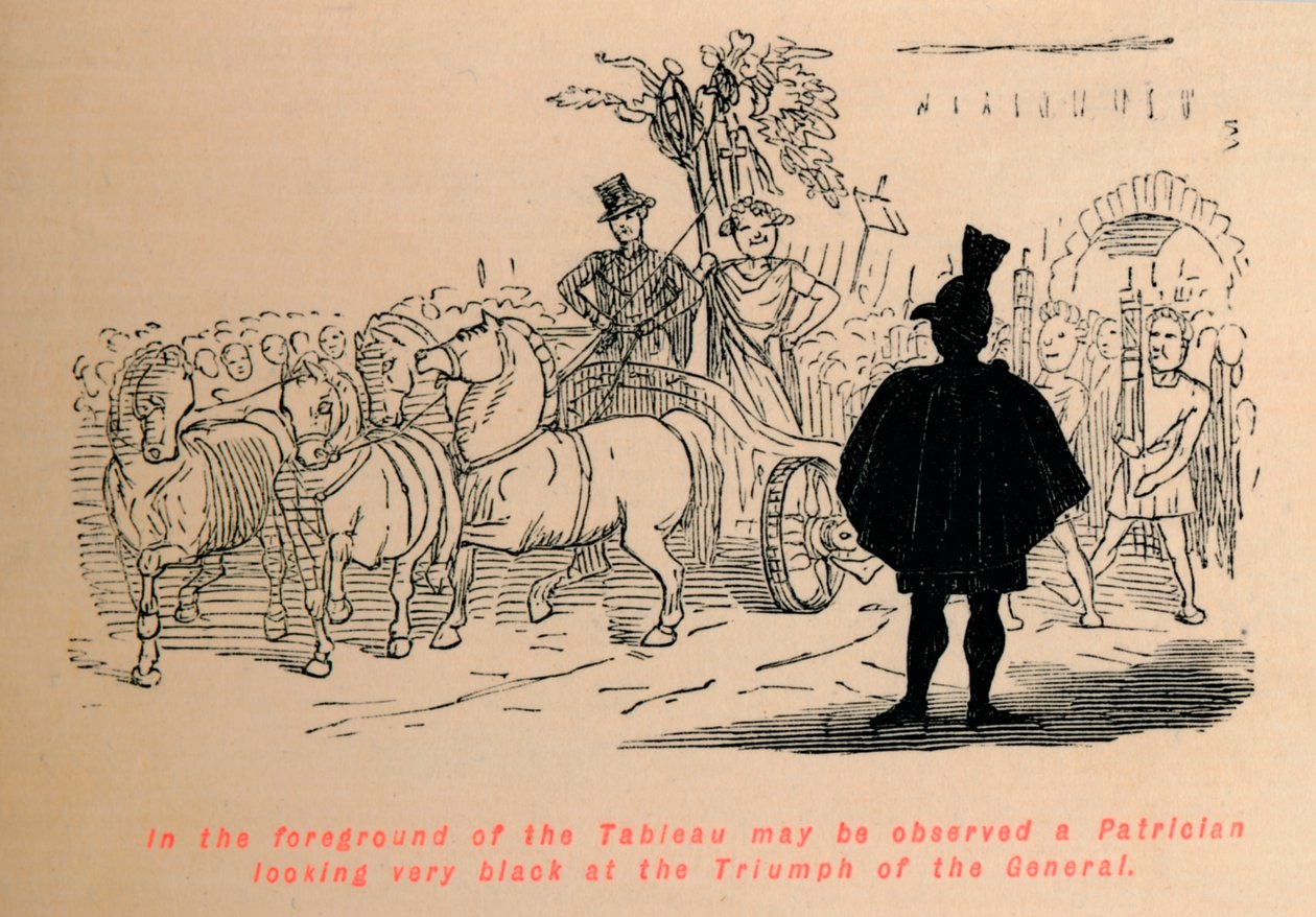 Op de voorgrond van het tableau is een patriciër te zien die erg zwart kijkt naar de triomf van de door John Leech