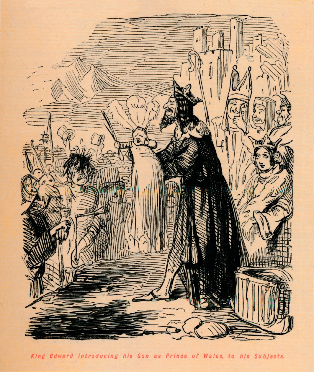 Koning Edward introduceert zijn zoon als Prins van Wales aan zijn onderdanen, ca. 1860 door John Leech