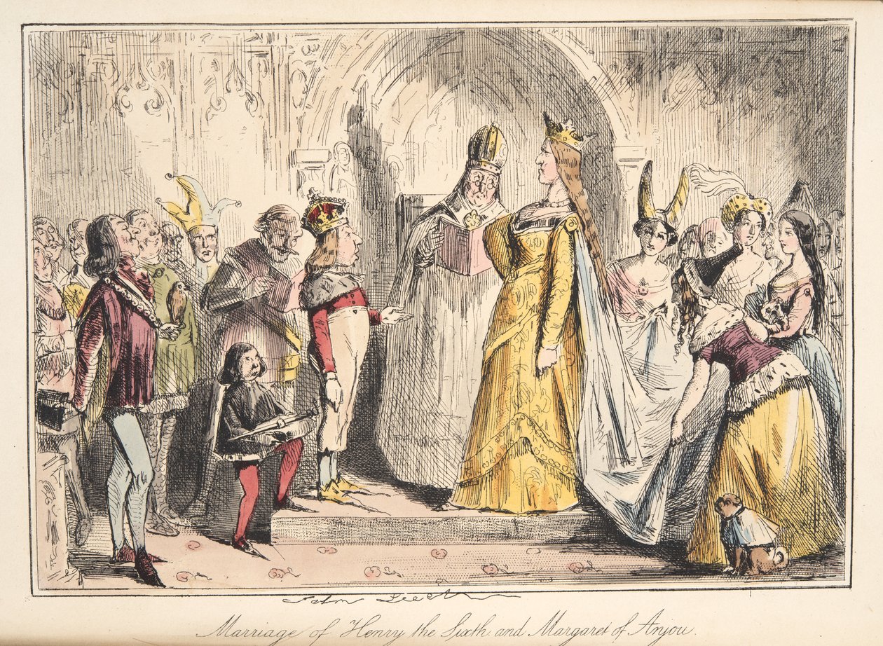 Huwelijk van Hendrik VI met Margaretha van Anjou, uit The Comic History of England, uitgegeven 1864 (handgekleurde ets) door John Leech