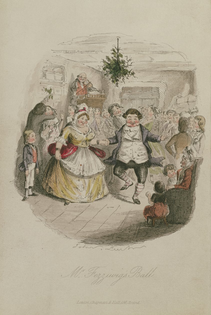 Mr. Fezziwigs Bal, illustratie uit Een Kerstlied door Charles Dickens (1812-1870), uitgegeven 1843 door John Leech
