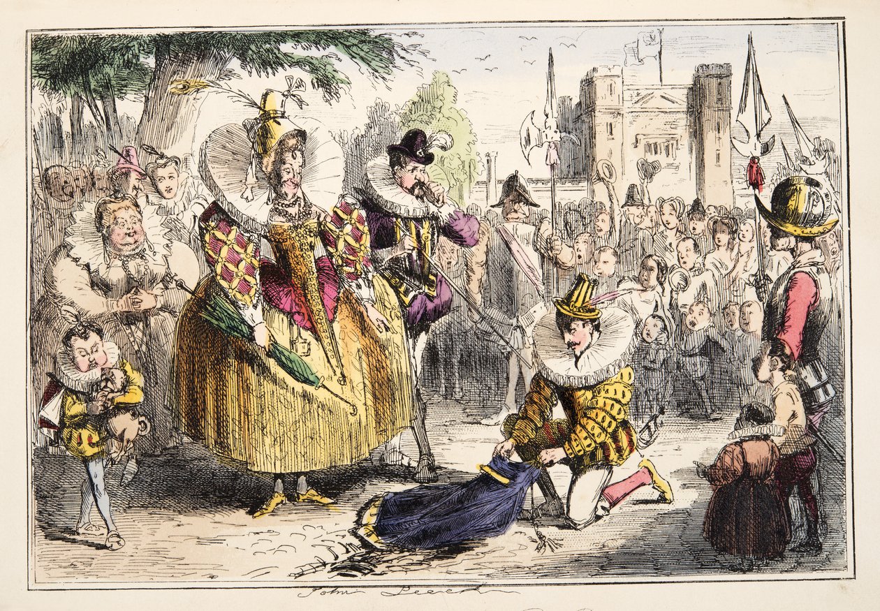 Koningin Elizabeth en Sir Walter Raleigh, uit The Comic History of England, uitgegeven 1864 (handgekleurde ets) door John Leech