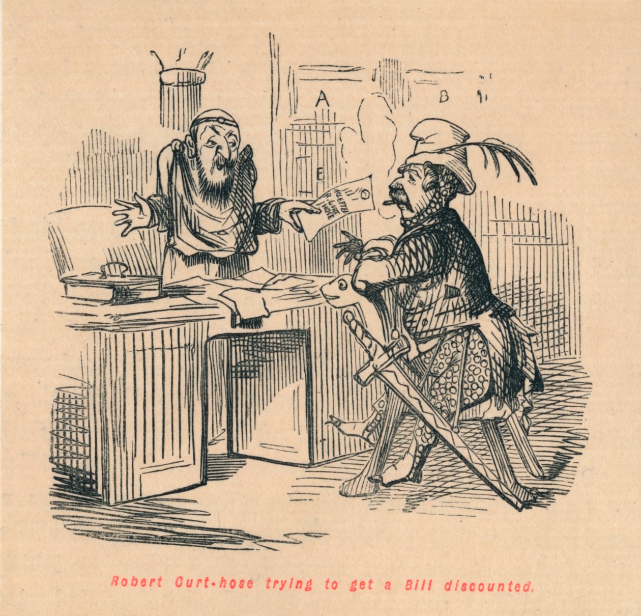 Robert Curthose probeert een rekening te laten disconteren, c1860 door John Leech