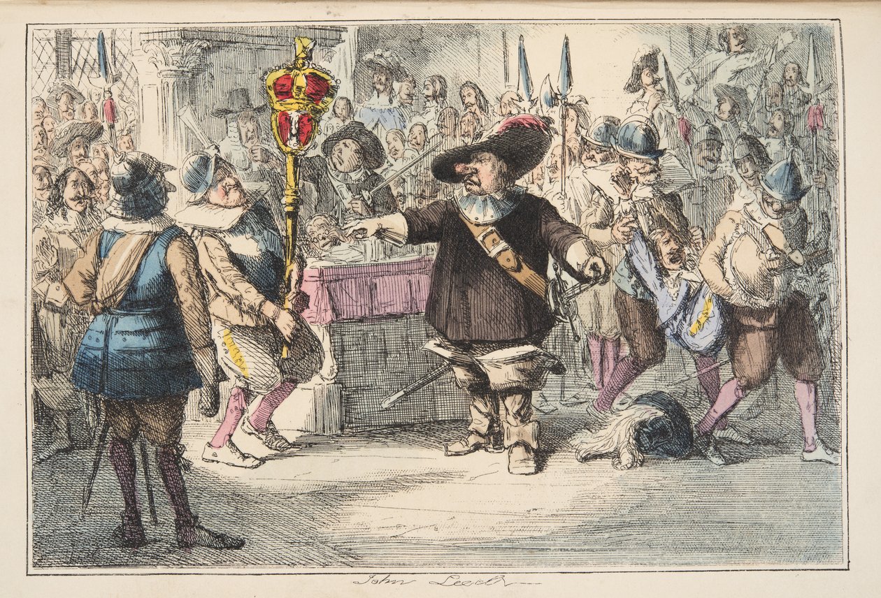 Neem die prul weg, Cromwell ontbindt het Lange Parlement, uit The Comic History of England, uitgegeven 1864 (handgekleurde ets) door John Leech