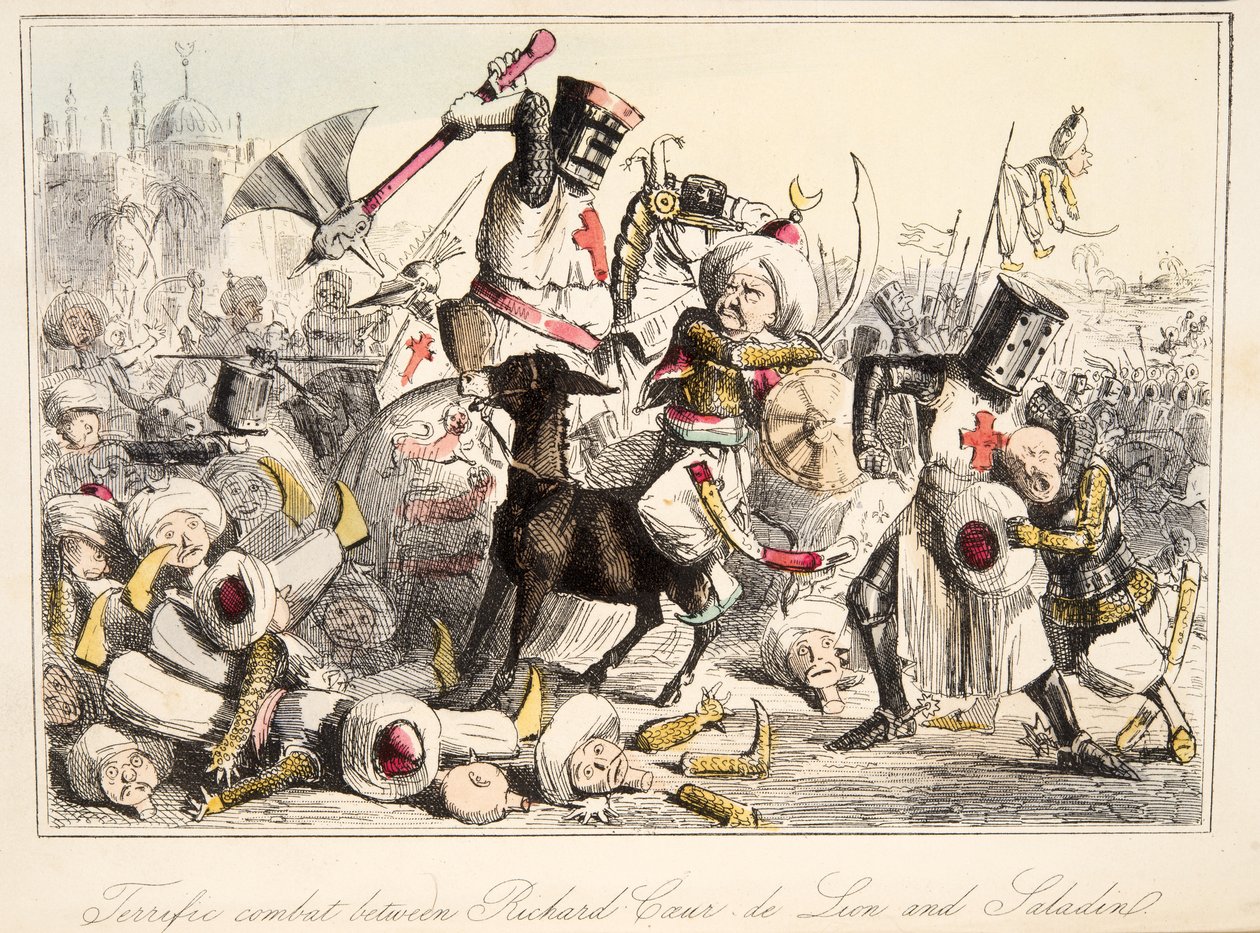 Verschrikkelijk gevecht tussen Richard Leeuwenhart en Saladin, uit The Comic History of England, uitgegeven 1864 (handgekleurde ets) door John Leech