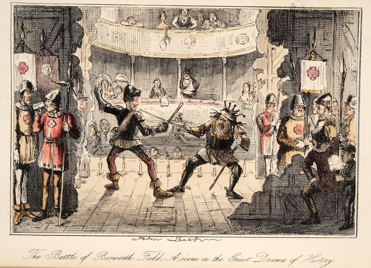 De Slag bij Bosworth Field: Een scène uit het grote drama van de geschiedenis, uit The Comic History of England, uitgegeven 1864 (handgekleurde ets) door John Leech